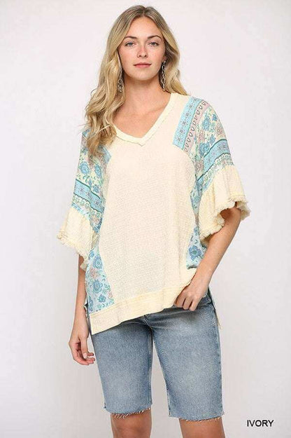 Texture Knit And Print Mixed Hi Low Hem Top - The Diva Goddess