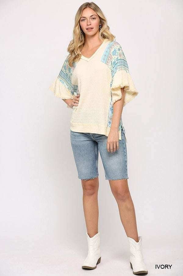 Texture Knit And Print Mixed Hi Low Hem Top - The Diva Goddess