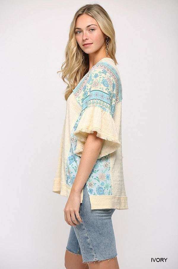 Texture Knit And Print Mixed Hi Low Hem Top - The Diva Goddess