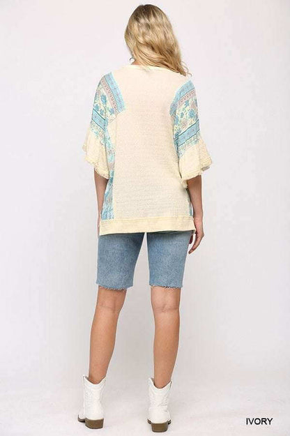 Texture Knit And Print Mixed Hi Low Hem Top - The Diva Goddess