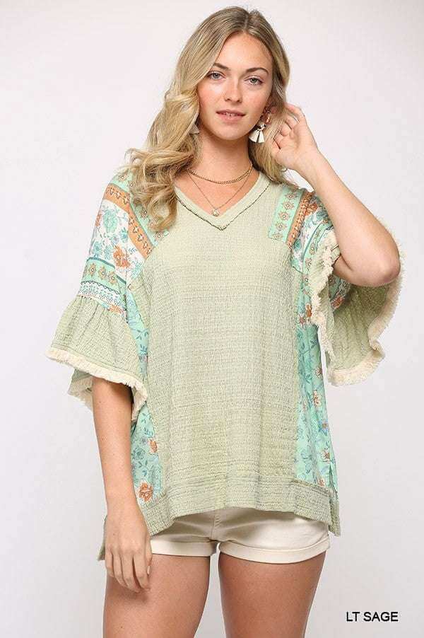 Texture Knit And Print Mixed Hi Low Hem Top - The Diva Goddess