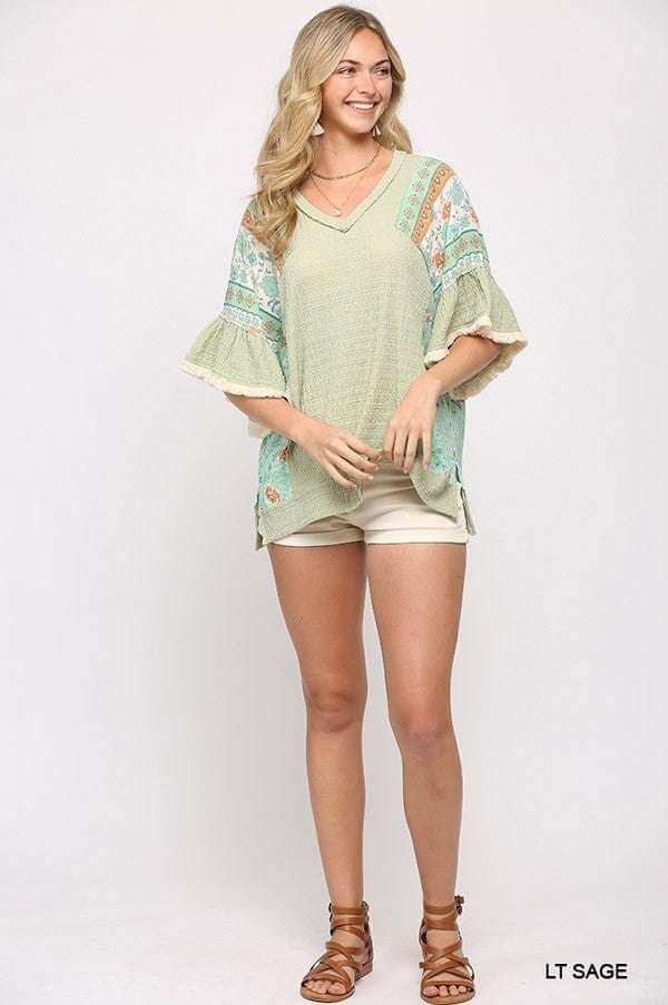 Texture Knit And Print Mixed Hi Low Hem Top - The Diva Goddess