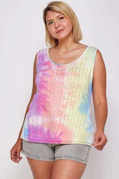 Tie Dye Tank With Studded Detail, Loose Fit, Easy Casual Wear - The Diva Goddess