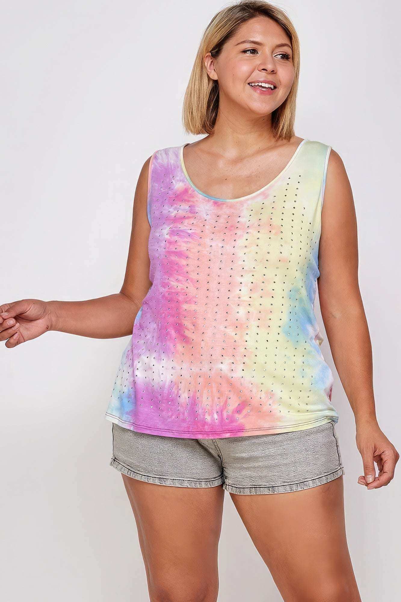 Tie Dye Tank With Studded Detail, Loose Fit, Easy Casual Wear - The Diva Goddess