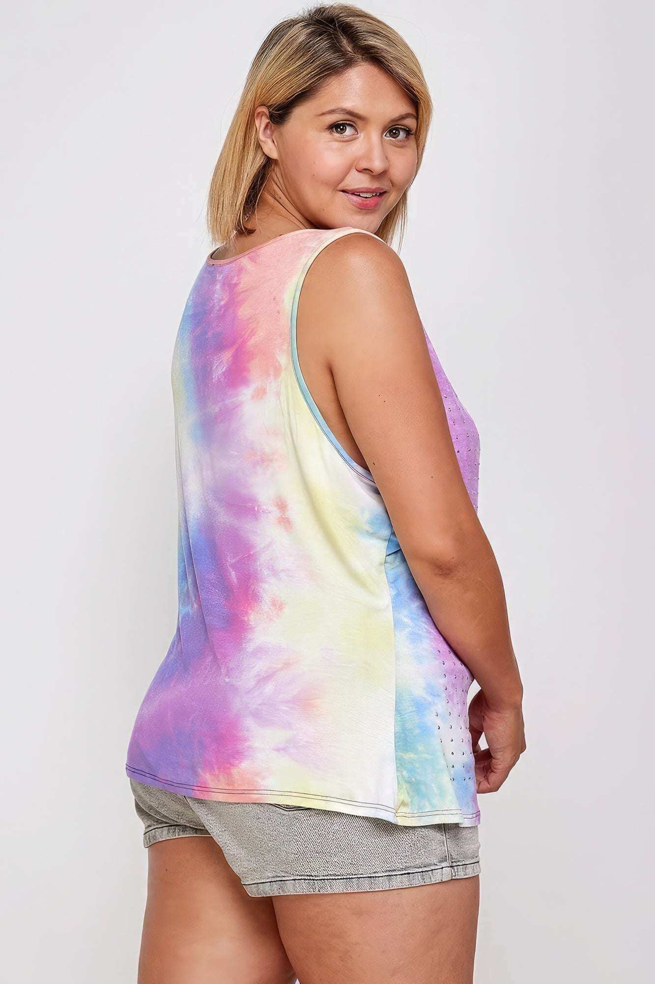 Tie Dye Tank With Studded Detail, Loose Fit, Easy Casual Wear - The Diva Goddess