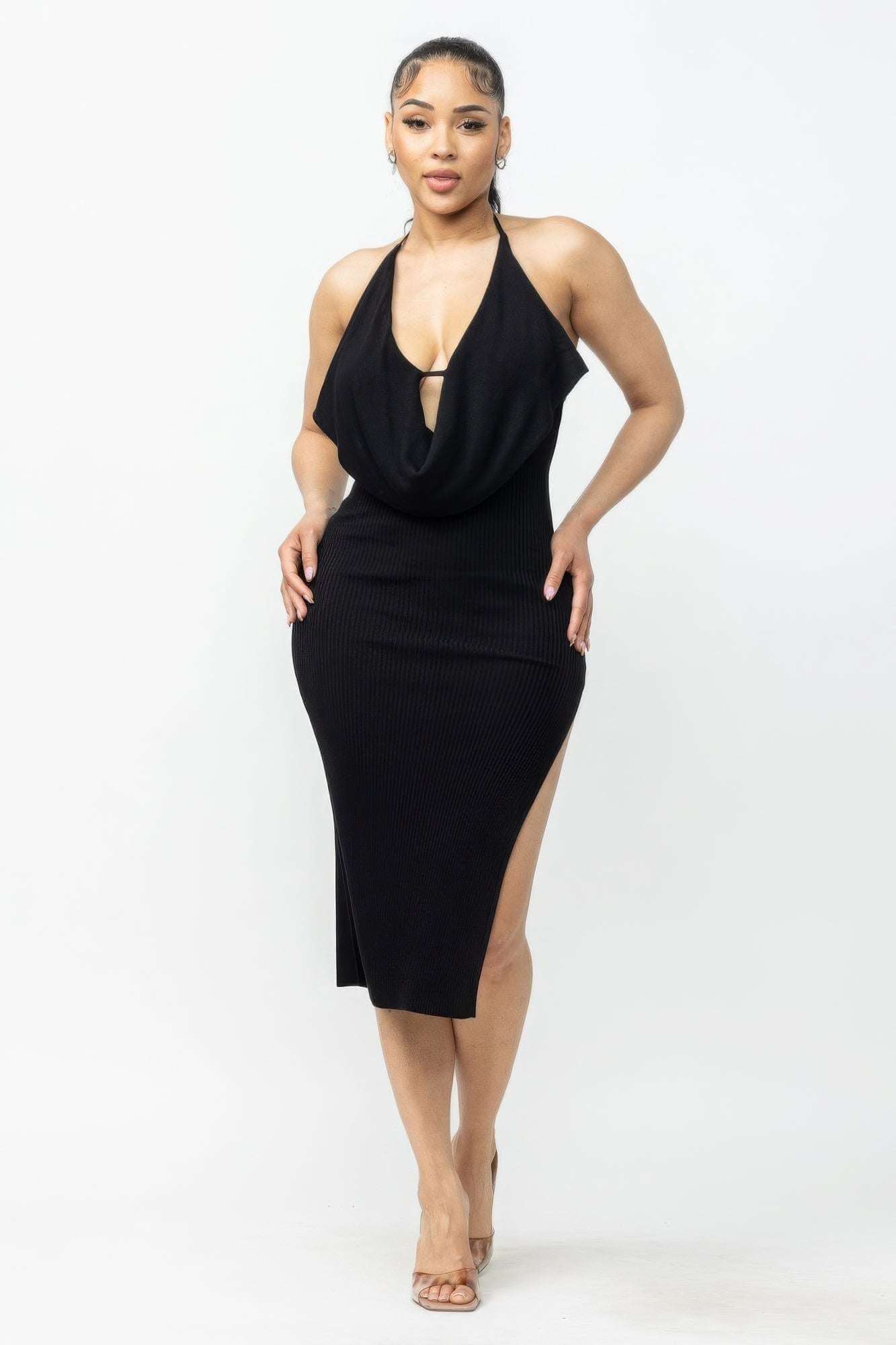 Tie Halter Drape Neck Midi Dress - The Diva Goddess