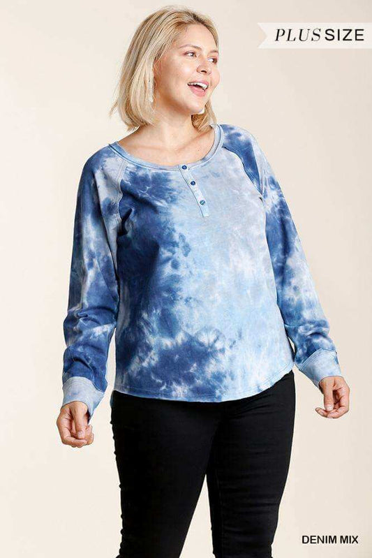 Tie-dye Button Front Long Raglan Sleeve Top With Raw Hem - The Diva Goddess