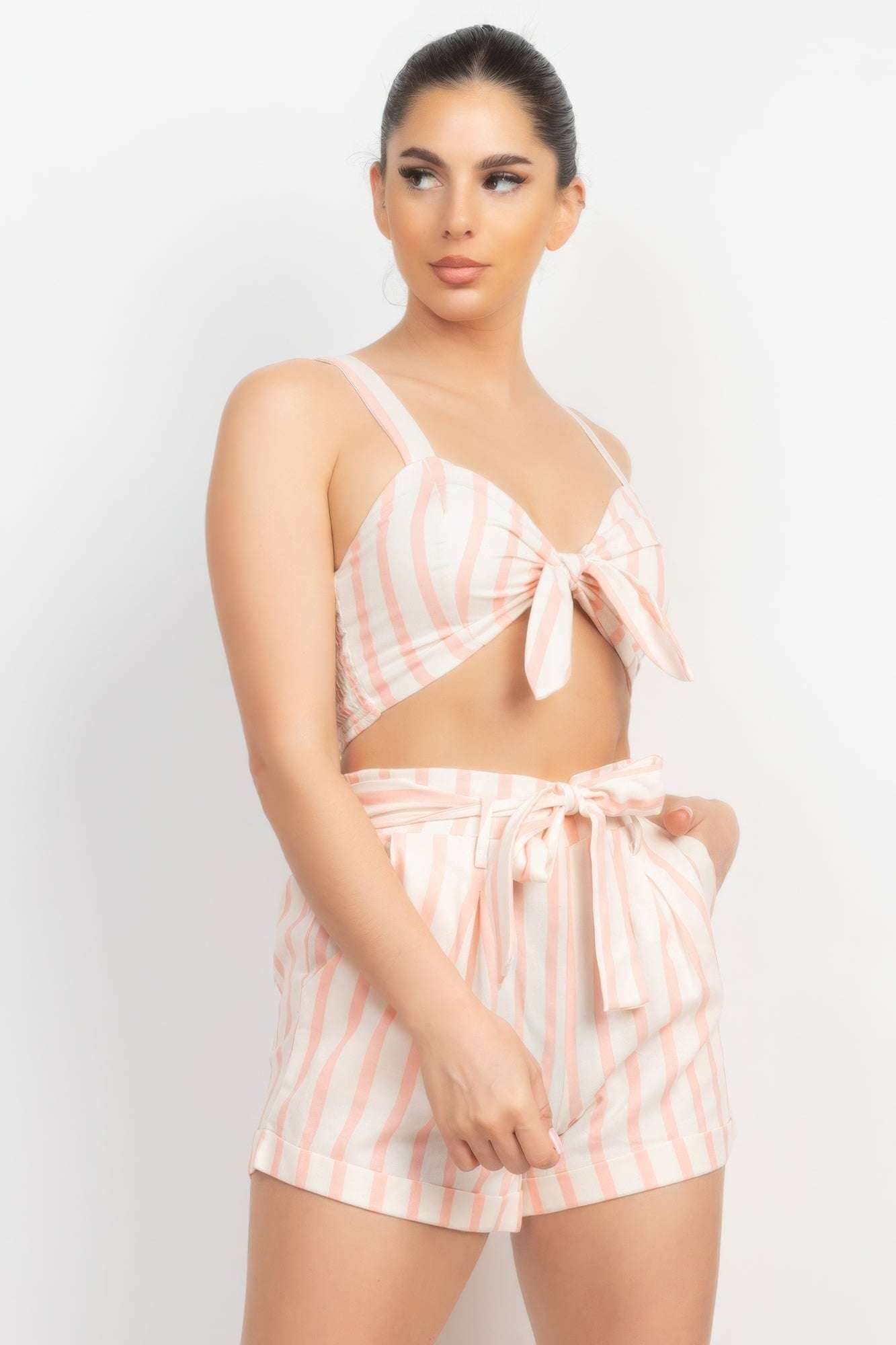 Tie-front Striped Crop Top & Belted Shorts Set - The Diva Goddess