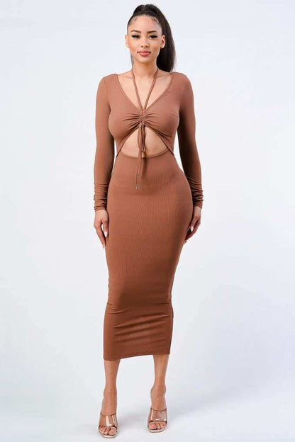 Trendy Front Shirring Cut-out Long Sleeved Dress - The Diva Goddess