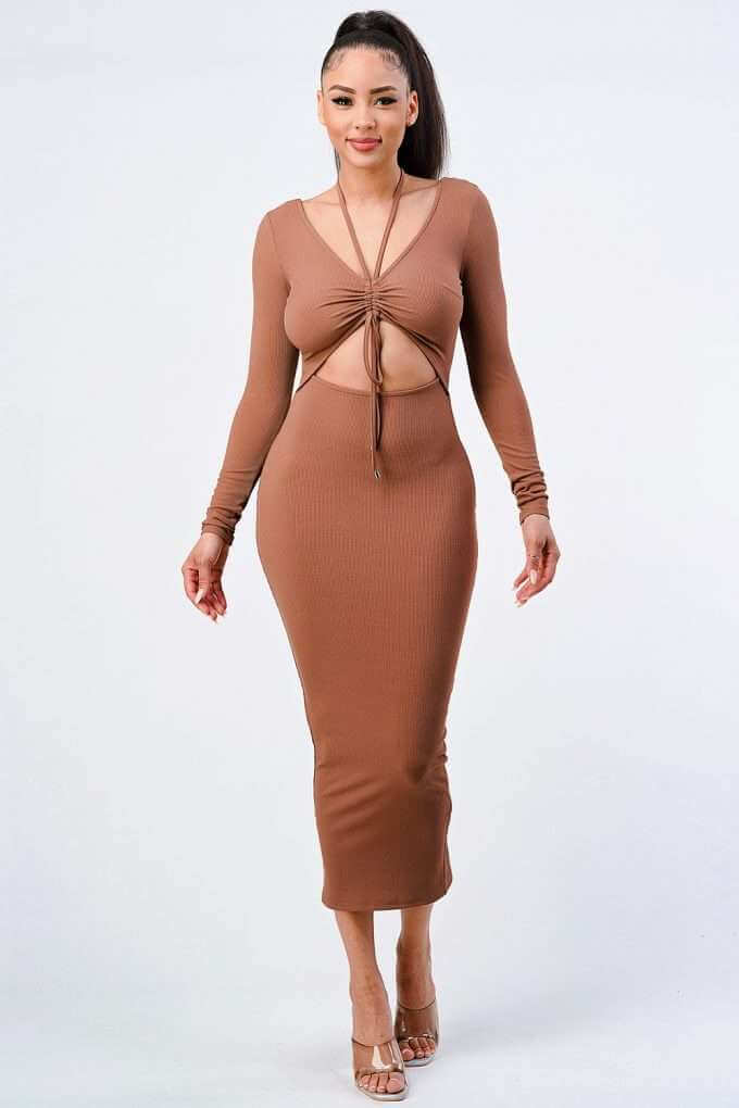 Trendy Front Shirring Cut-out Long Sleeved Dress - The Diva Goddess