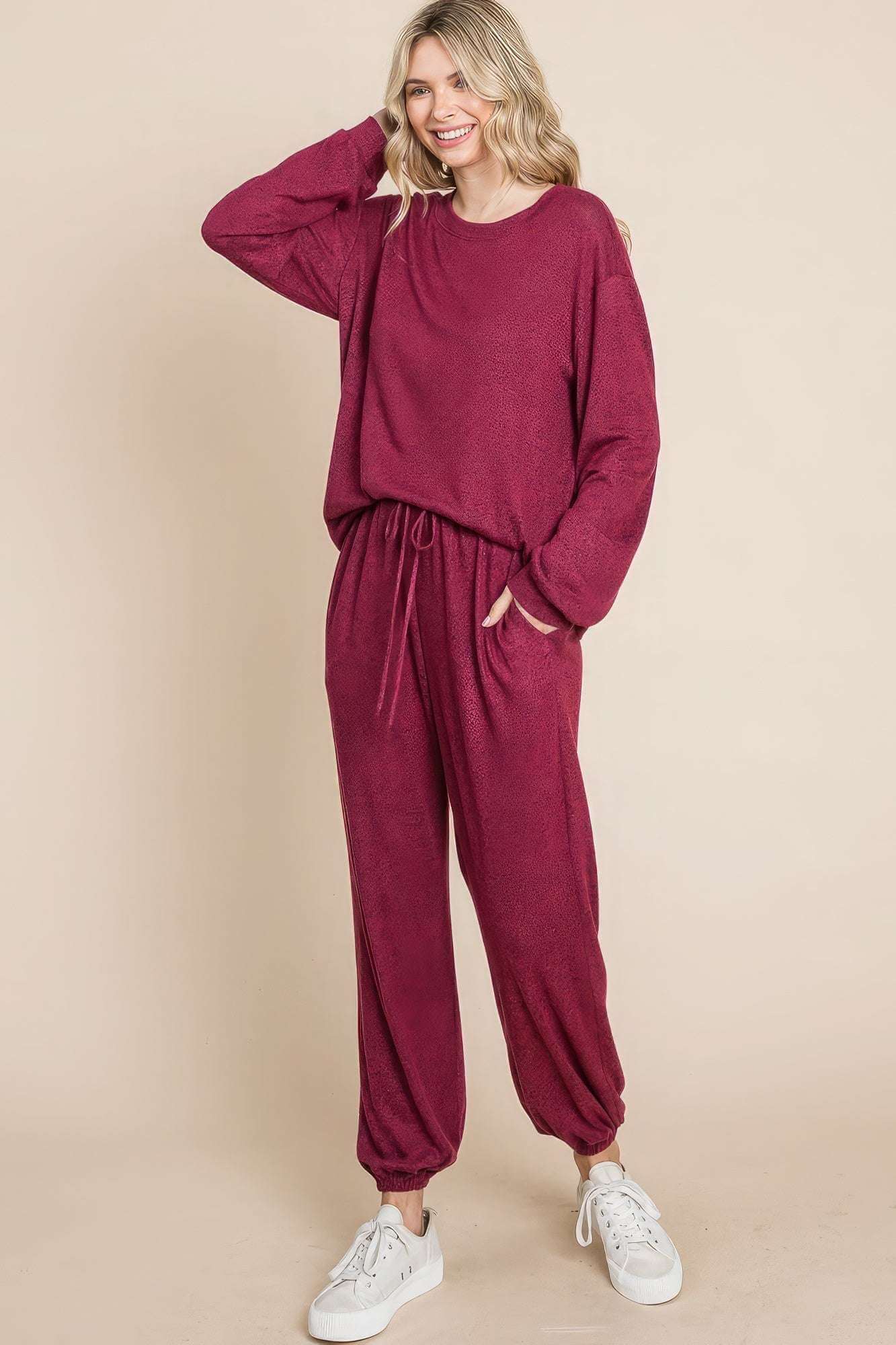 Two Tone Solid Warm And Soft Hacci Brush Loungewear Set - The Diva Goddess