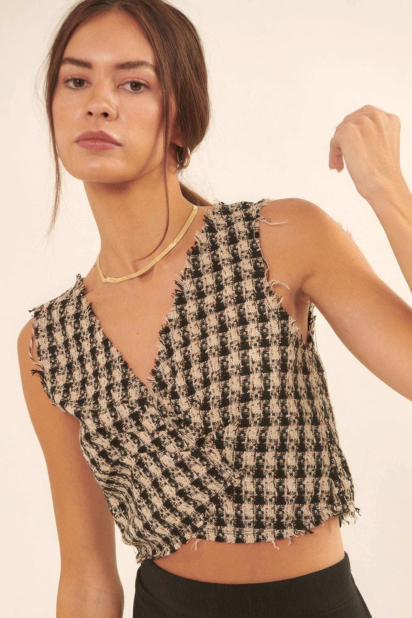 V Neckline Plaid Woven Vest - The Diva Goddess