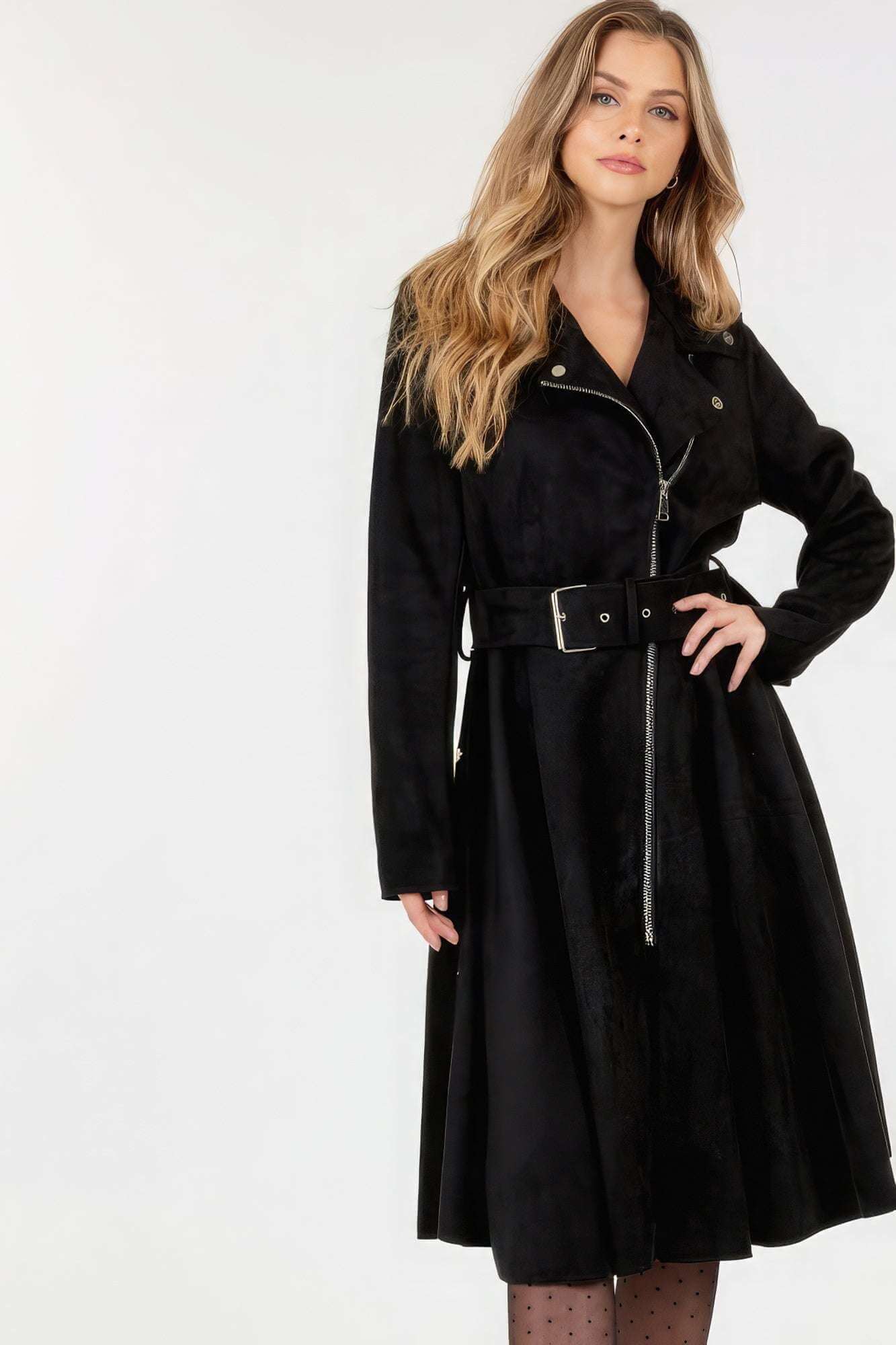 Waist Belt Tacked Faux Suede Coat Solid Coat - The Diva Goddess