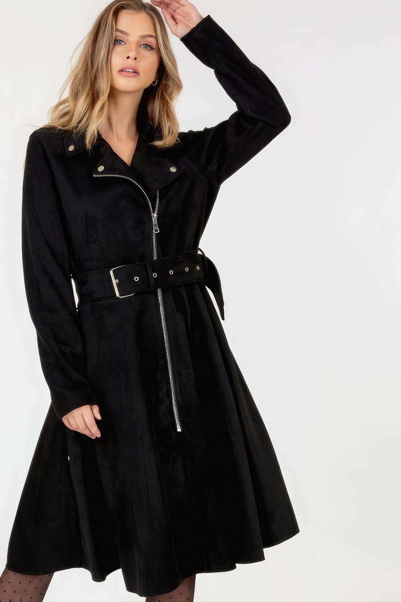 Waist Belt Tacked Faux Suede Coat Solid Coat - The Diva Goddess