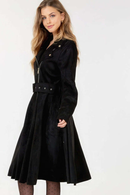 Waist Belt Tacked Faux Suede Coat Solid Coat - The Diva Goddess