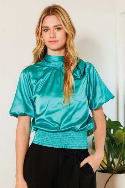 Waist Smocked Solid Satin Blouse - The Diva Goddess