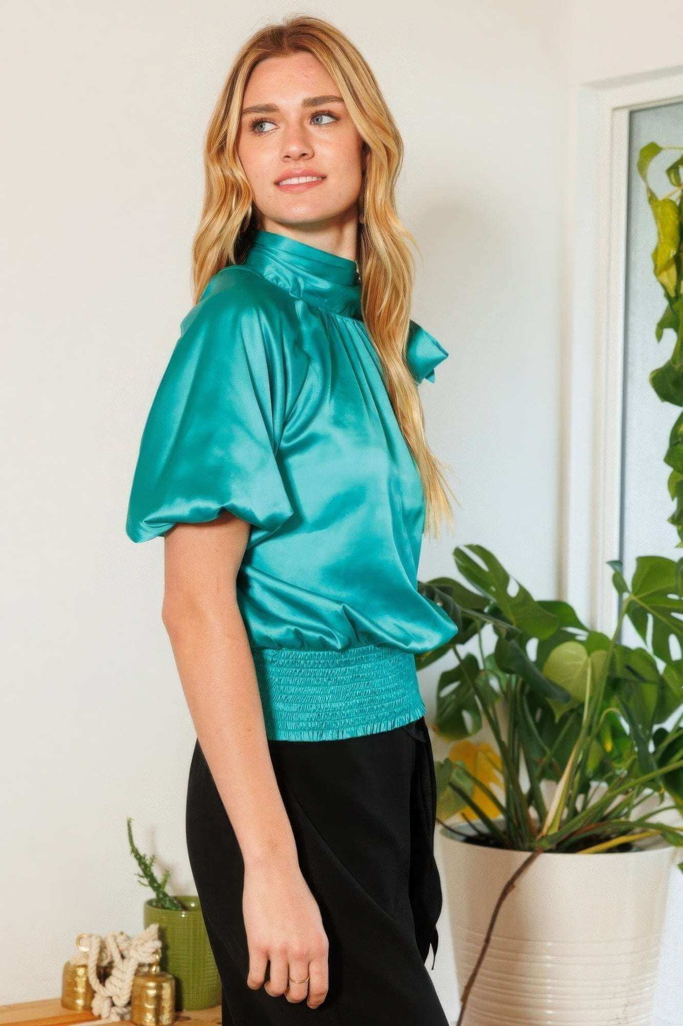 Waist Smocked Solid Satin Blouse - The Diva Goddess