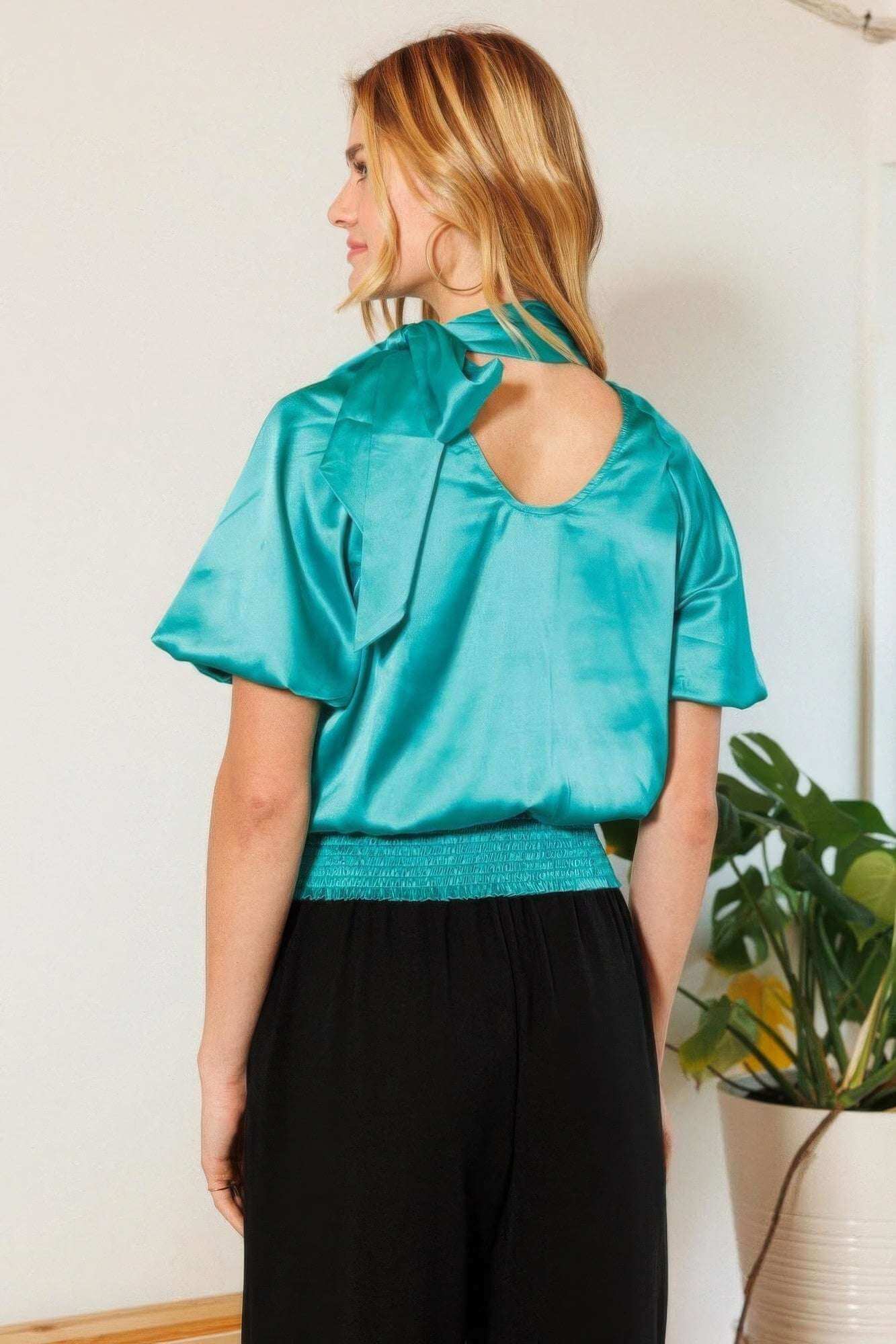 Waist Smocked Solid Satin Blouse - The Diva Goddess