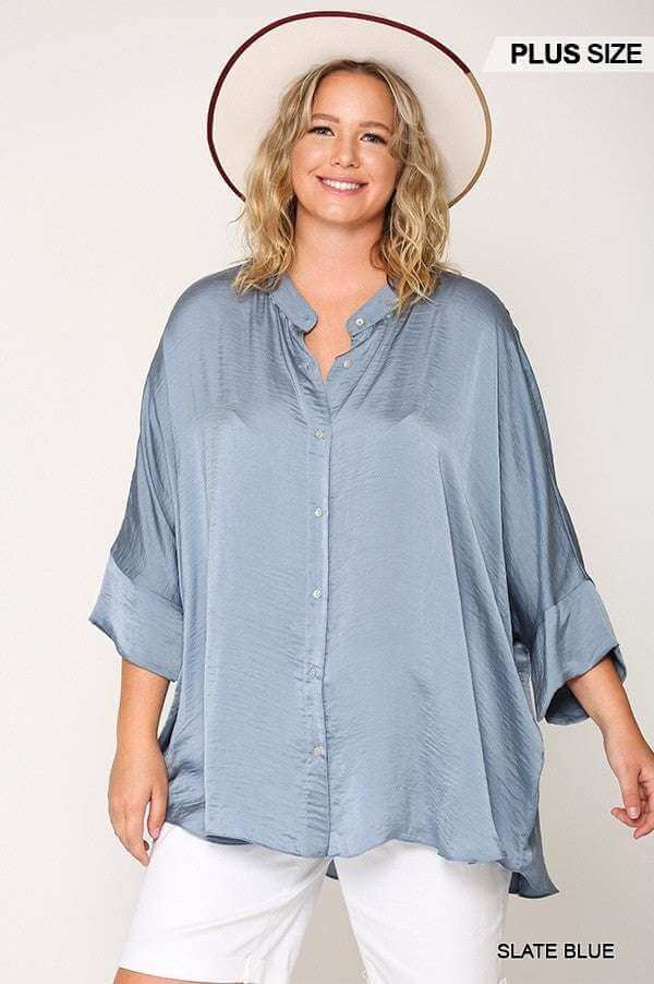 Washed Satin Button Down Loose Fit Top With Hi-lo Hem - The Diva Goddess