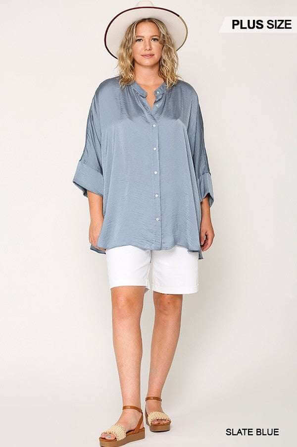 Washed Satin Button Down Loose Fit Top With Hi-lo Hem - The Diva Goddess