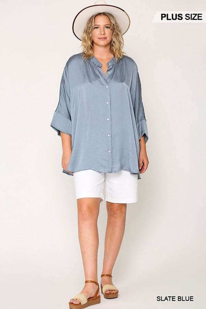 Washed Satin Button Down Loose Fit Top With Hi-lo Hem - The Diva Goddess