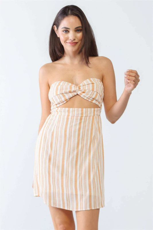 White & Apricot Stripe Print Strapless Twist Cut-out Smocked Back Mini Dress - The Diva Goddess