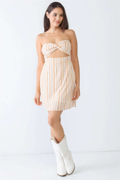 White & Apricot Stripe Print Strapless Twist Cut-out Smocked Back Mini Dress - The Diva Goddess