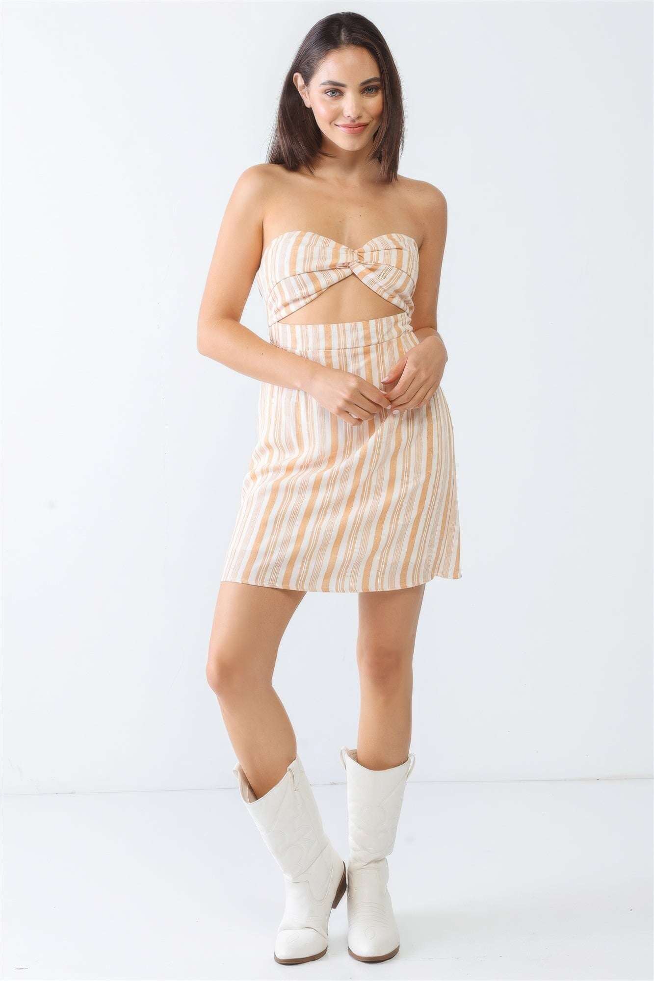 White & Apricot Stripe Print Strapless Twist Cut-out Smocked Back Mini Dress - The Diva Goddess