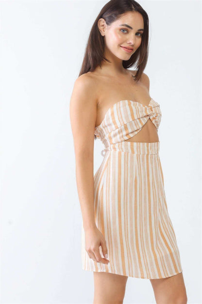 White & Apricot Stripe Print Strapless Twist Cut-out Smocked Back Mini Dress - The Diva Goddess