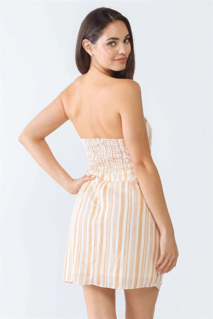 White & Apricot Stripe Print Strapless Twist Cut-out Smocked Back Mini Dress - The Diva Goddess