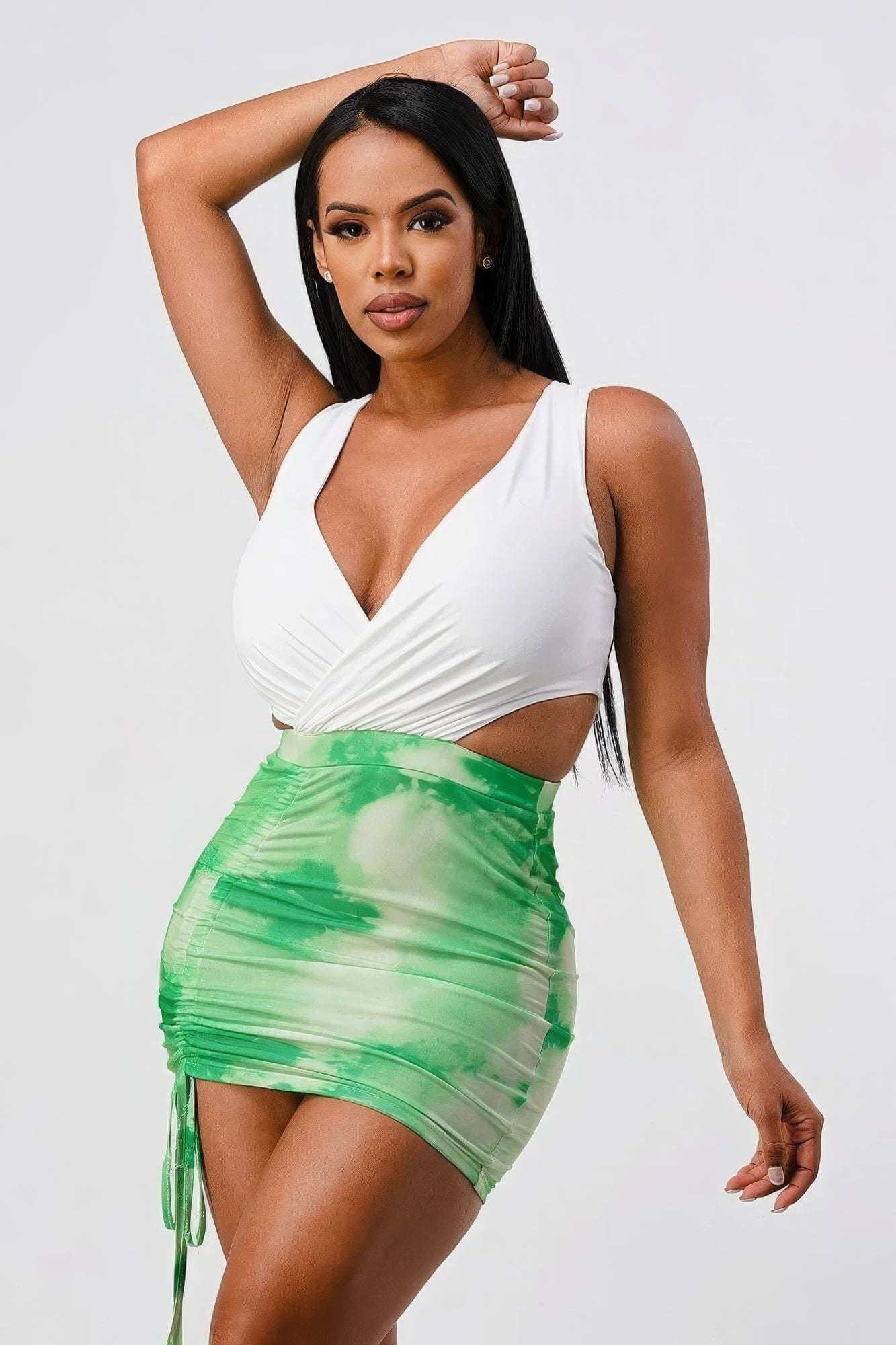 White Sleeveless Top With Detachable Rhinestone Cross Open Back With Bodycon Tie Dye Ruched Mini Dress - The Diva Goddess