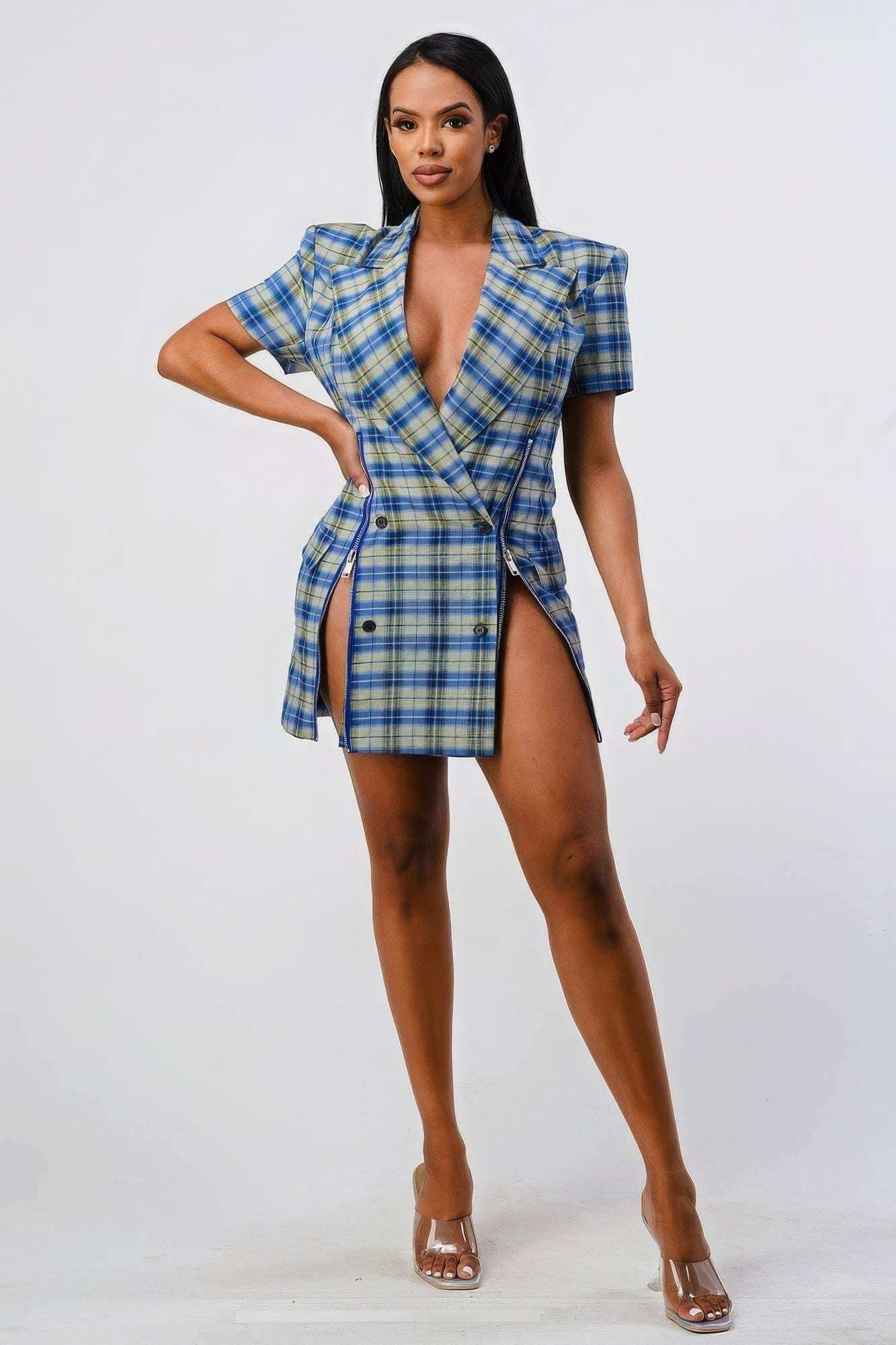 Wide Collared Double Breasted Plaid Blazer Mini Dress - The Diva Goddess