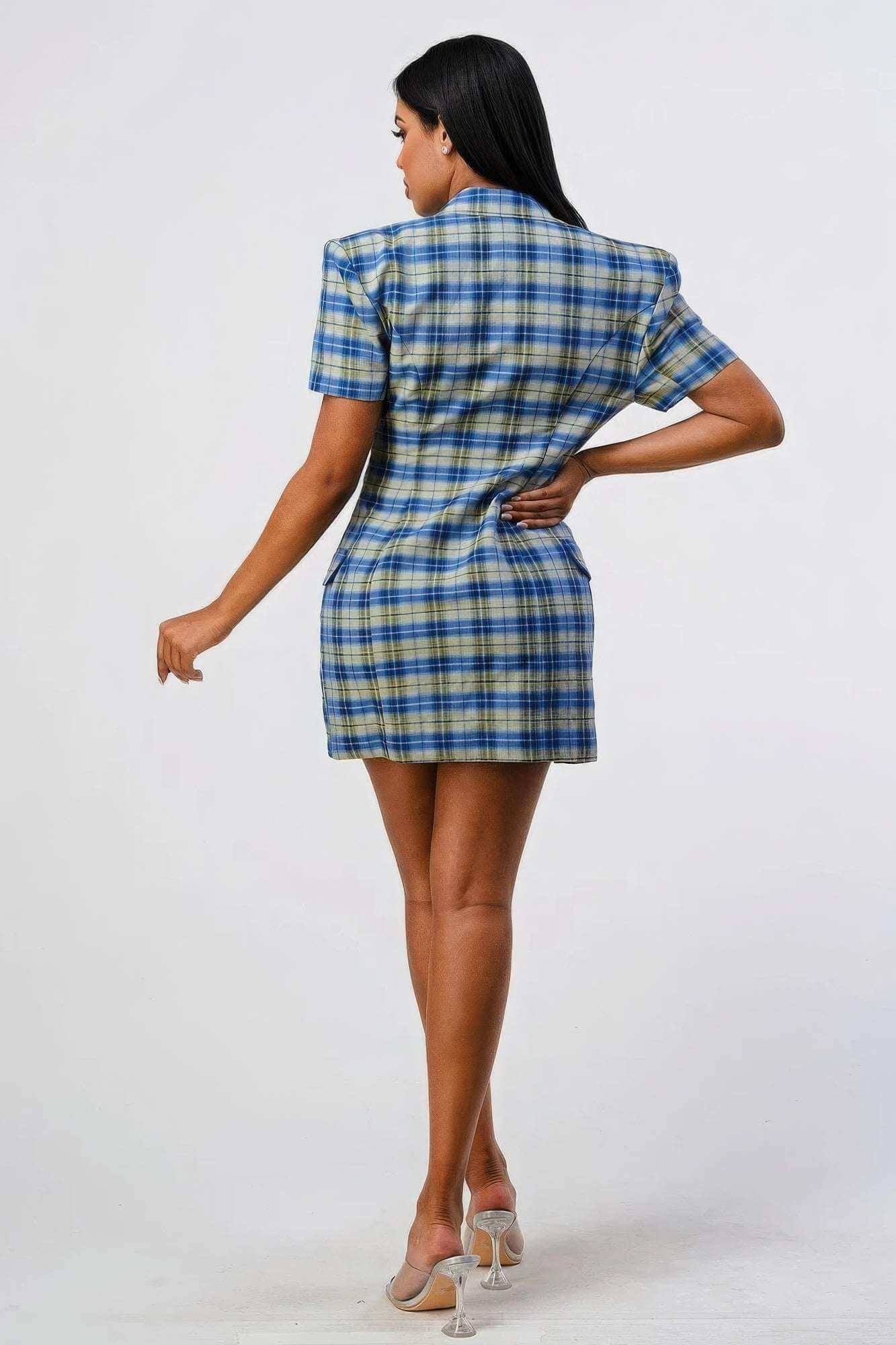 Wide Collared Double Breasted Plaid Blazer Mini Dress - The Diva Goddess