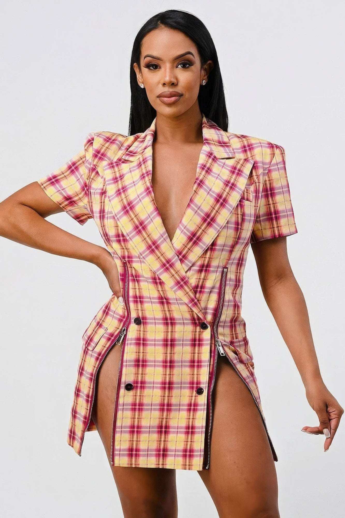 Wide Collared Double Breasted Plaid Blazer Mini Dress - The Diva Goddess