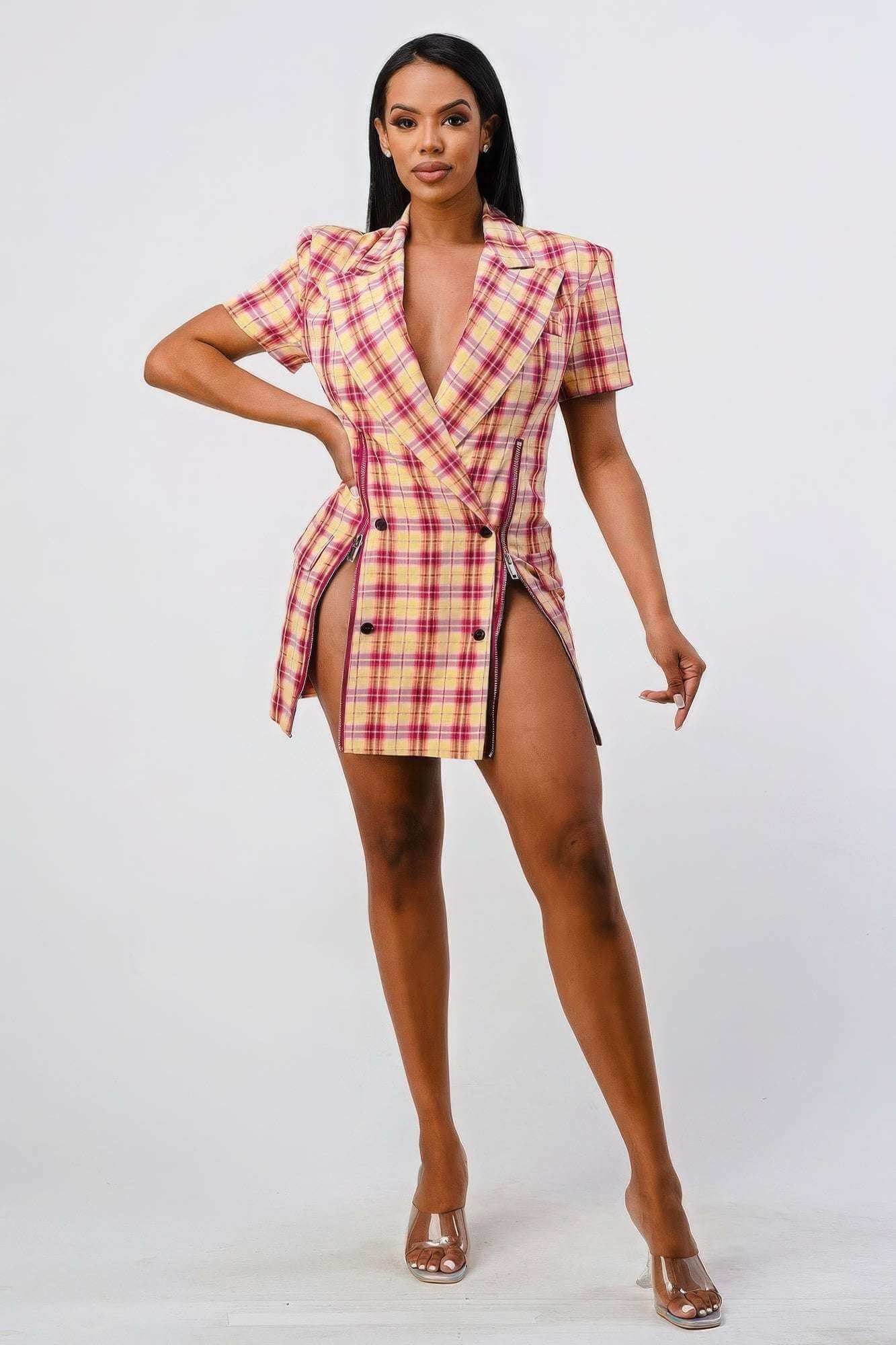 Wide Collared Double Breasted Plaid Blazer Mini Dress - The Diva Goddess