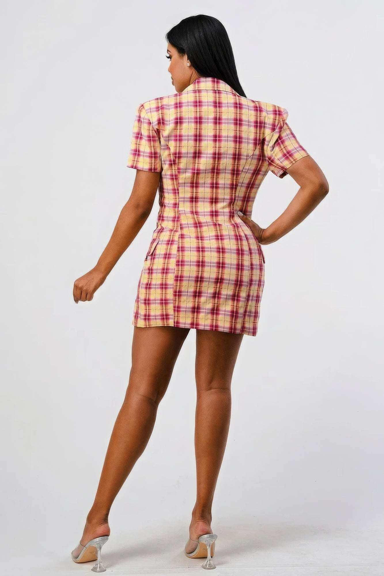 Wide Collared Double Breasted Plaid Blazer Mini Dress - The Diva Goddess