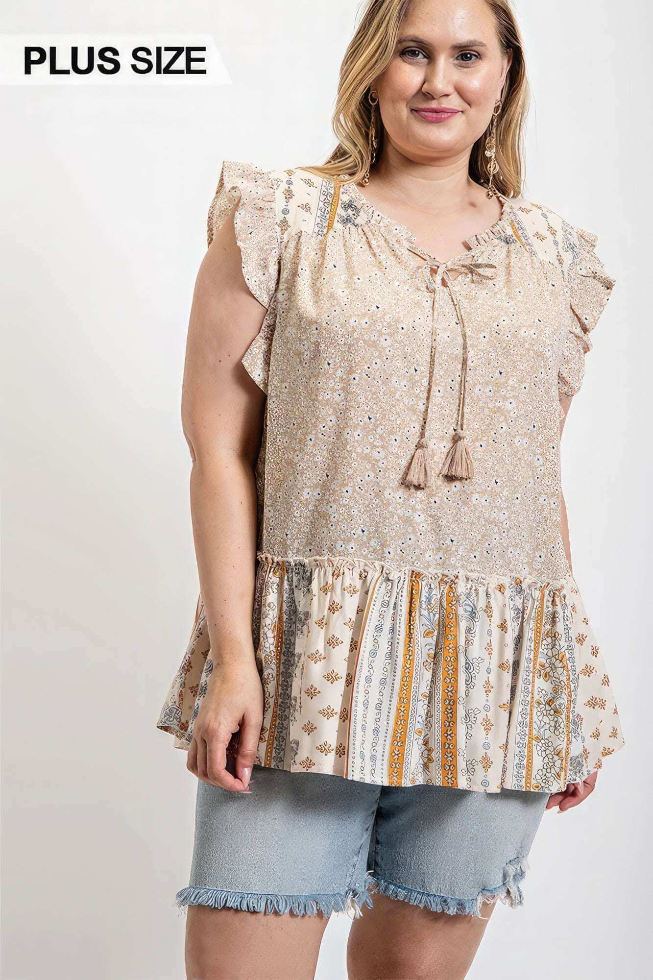 Woven Prints Mixed And Sleeveless Flutter Top With Tassel Tie - The Diva Goddess