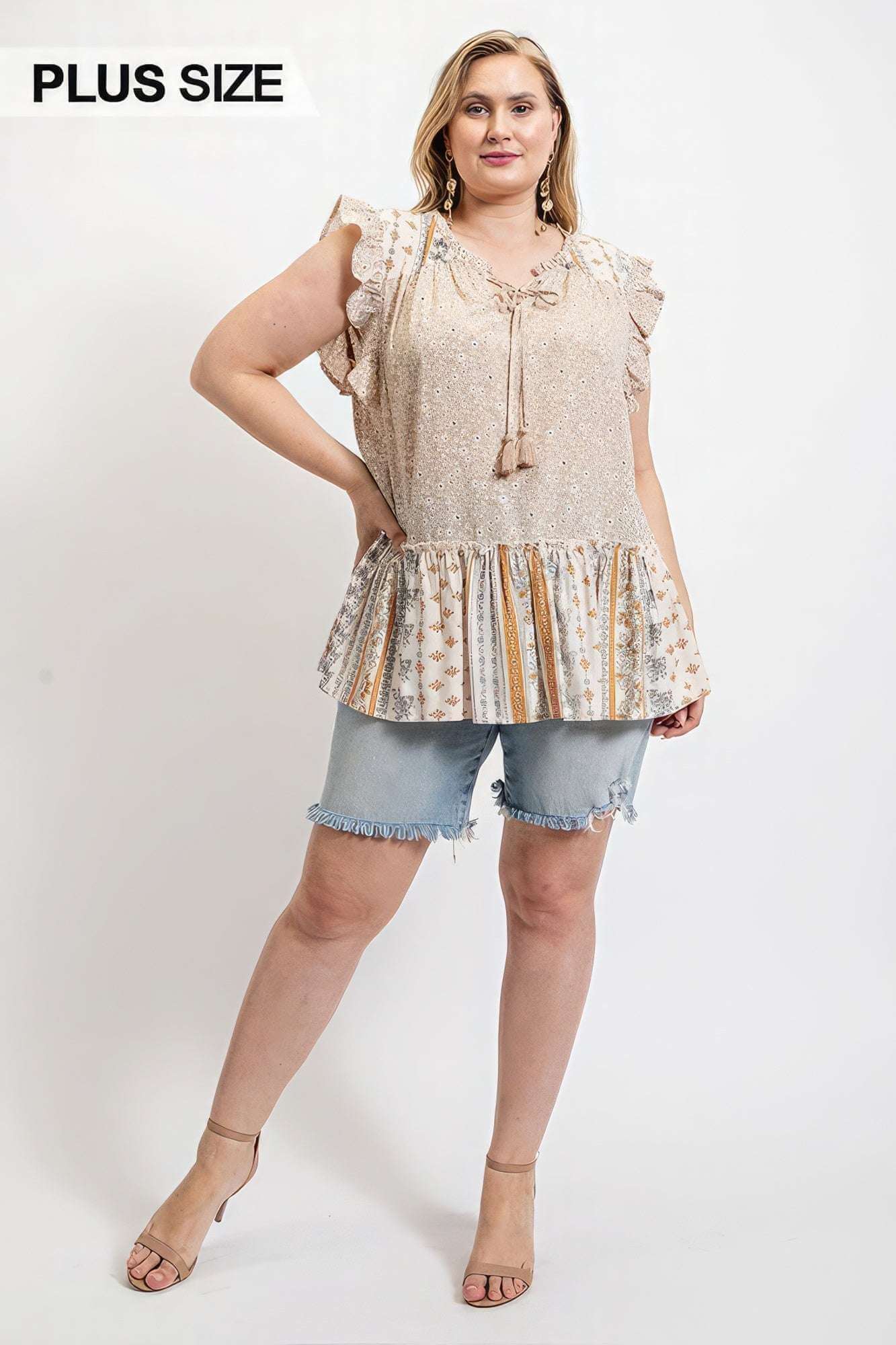 Woven Prints Mixed And Sleeveless Flutter Top With Tassel Tie - The Diva Goddess