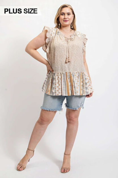 Woven Prints Mixed And Sleeveless Flutter Top With Tassel Tie - The Diva Goddess