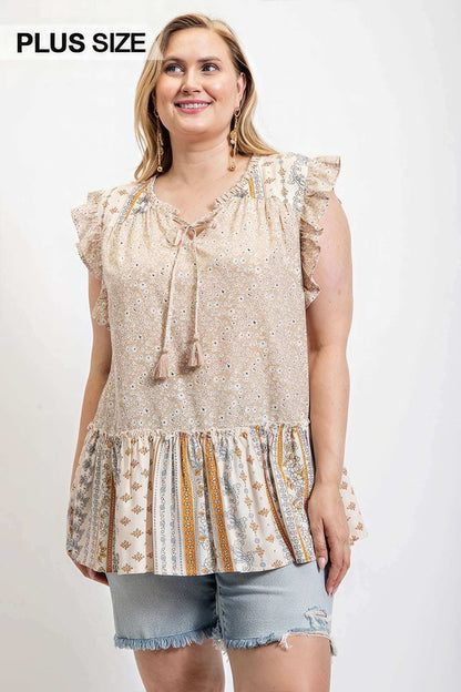 Woven Prints Mixed And Sleeveless Flutter Top With Tassel Tie - The Diva Goddess