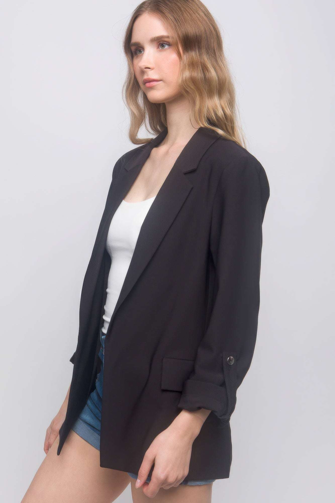 Woven Solid 3/4 Sleeve Blazer - The Diva Goddess