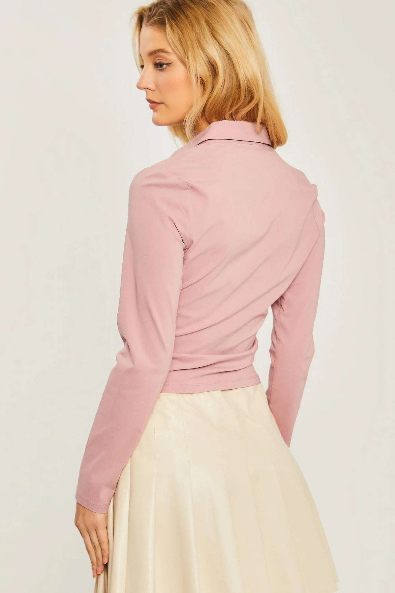 Woven Solid Ruched Front Long Sleeve - The Diva Goddess