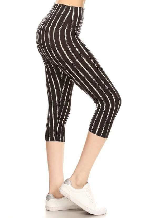 Yoga Style Banded Lined Stripe Printed Knit Capri Legging - The Diva Goddess