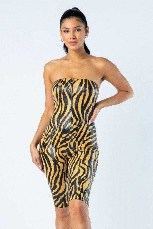 Zebra Print Tube Romper With Front O Ring Zipper Detail - The Diva Goddess