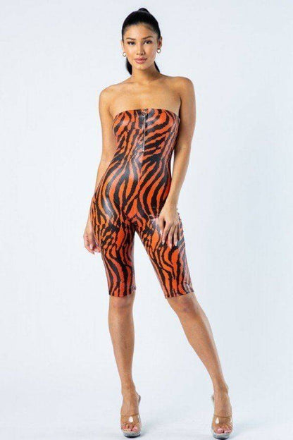 Zebra Print Tube Romper With Front O Ring Zipper Detail - The Diva Goddess