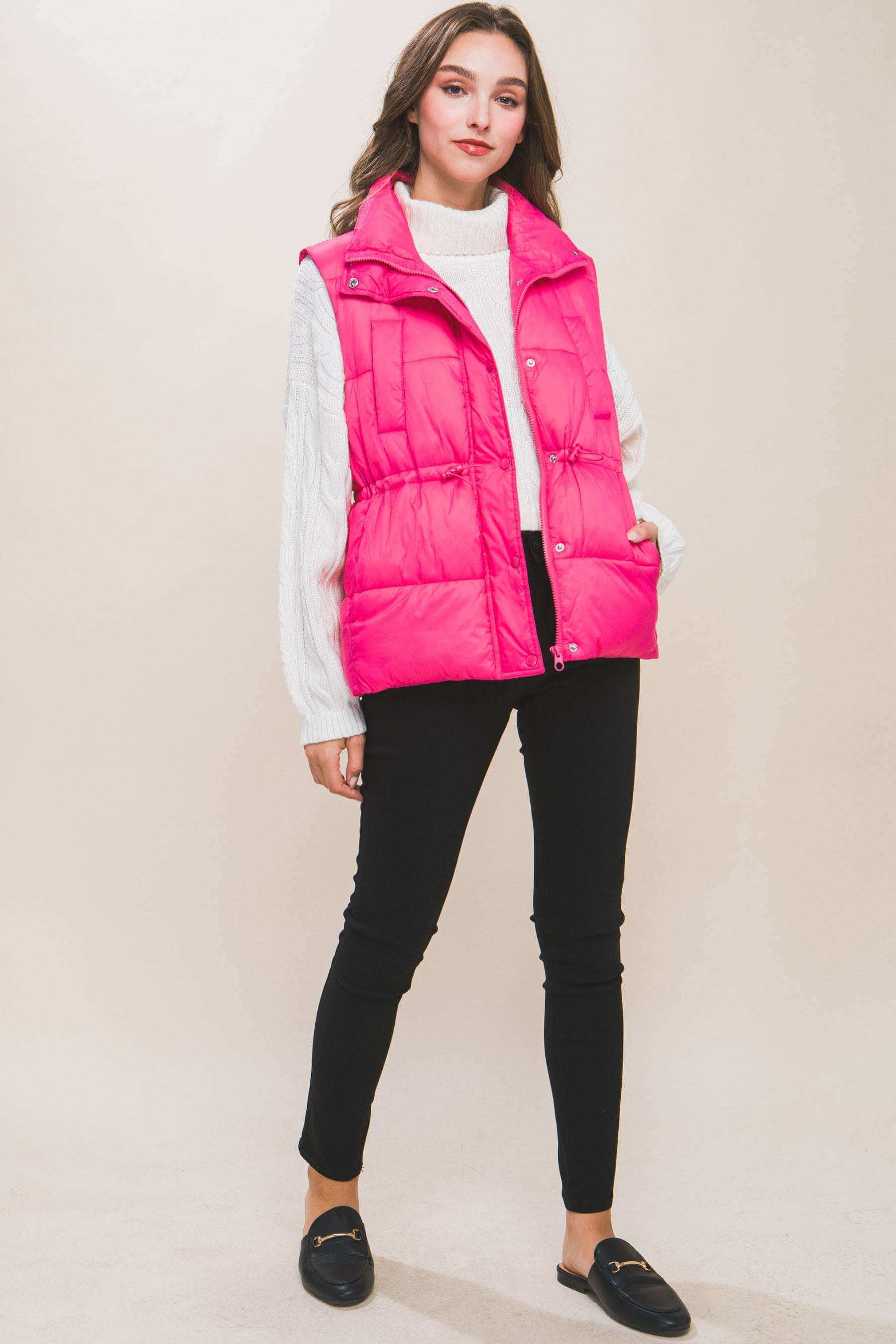 Zip Up Button Puffer Vest With Waist Toggles - The Diva Goddess