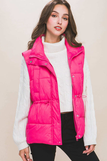 Zip Up Button Puffer Vest With Waist Toggles - The Diva Goddess