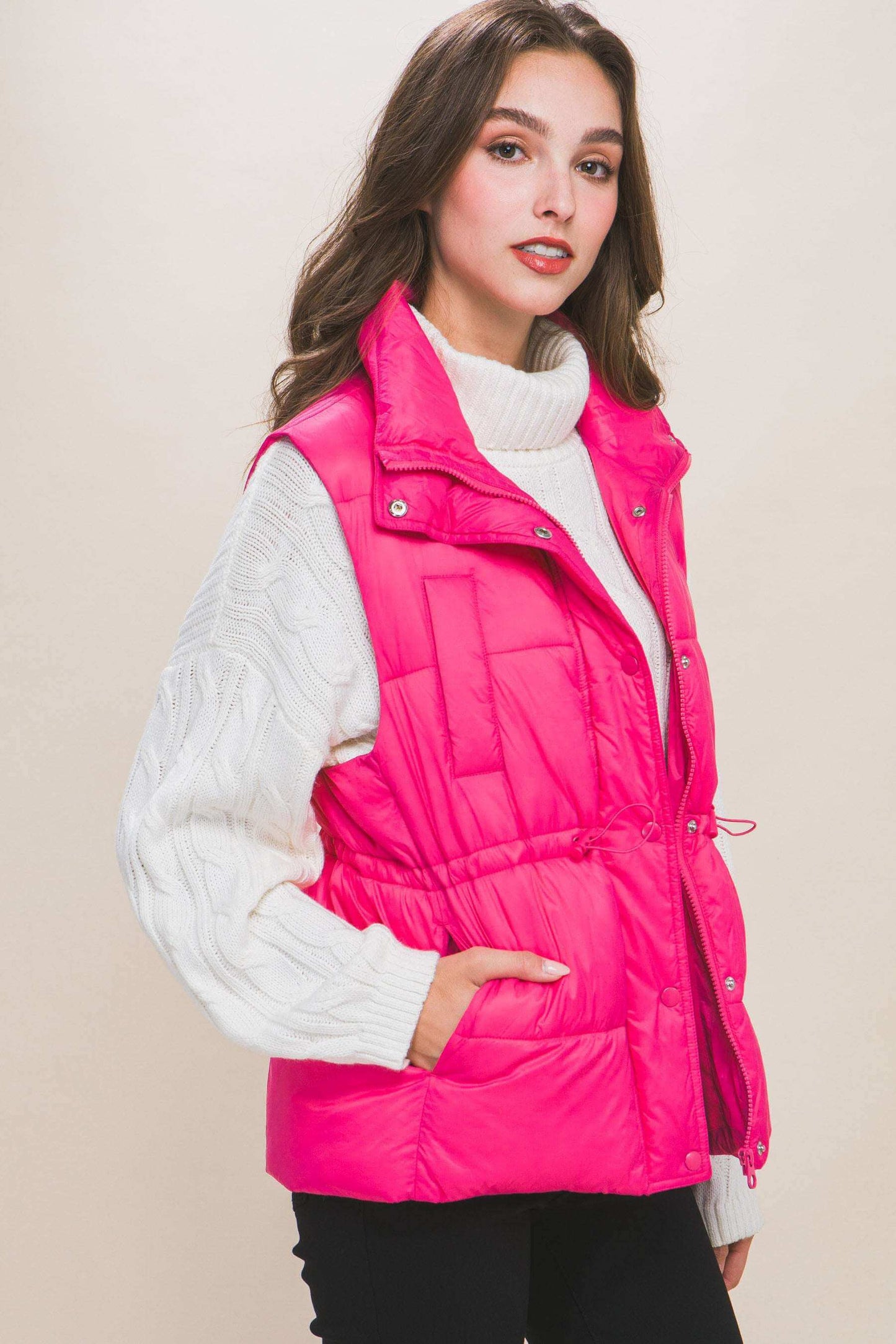 Zip Up Button Puffer Vest With Waist Toggles - The Diva Goddess