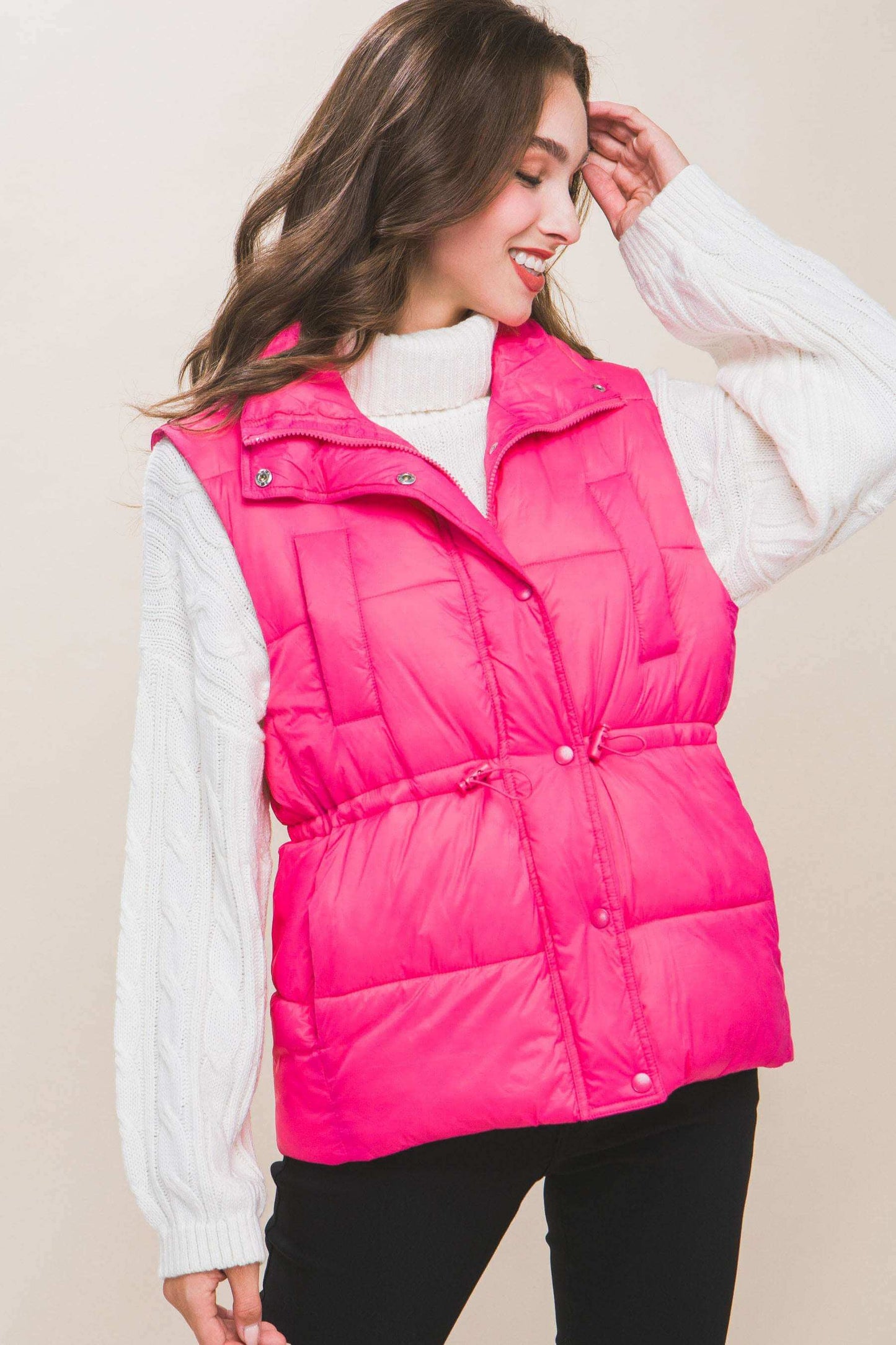 Zip Up Button Puffer Vest With Waist Toggles - The Diva Goddess