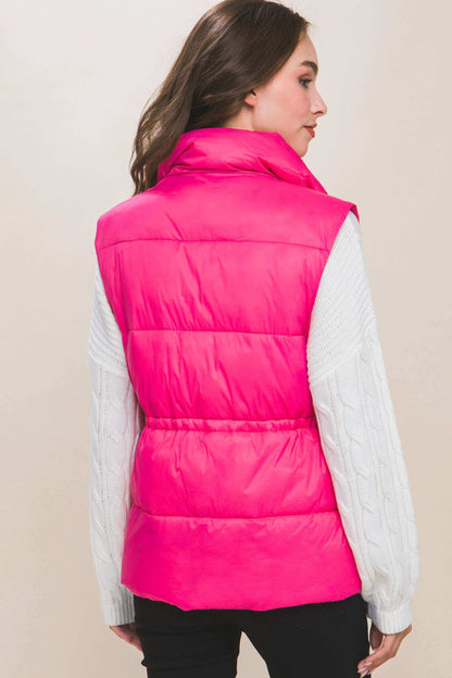 Zip Up Button Puffer Vest With Waist Toggles - The Diva Goddess